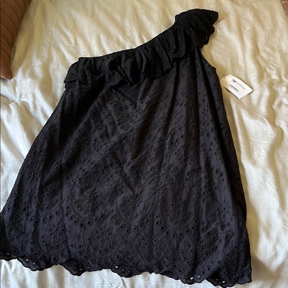Black One-Shoulder Eyelet Dress